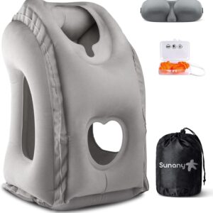 Sunany Travel Pillow, Inflatable Neck Pillow Used for Airplanes/Cars/Buses/Trains/Office Napping with Eye Mask/Earplugs (Gray)