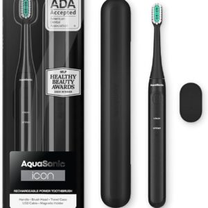 Aquasonic Icon ADA-Accepted Rechargeable Toothbrush | Magnetic Holder & Slim Travel Case | 2 Brushing Modes & Smart Timers | Gentle Micro-Vibrations(Onyx)
