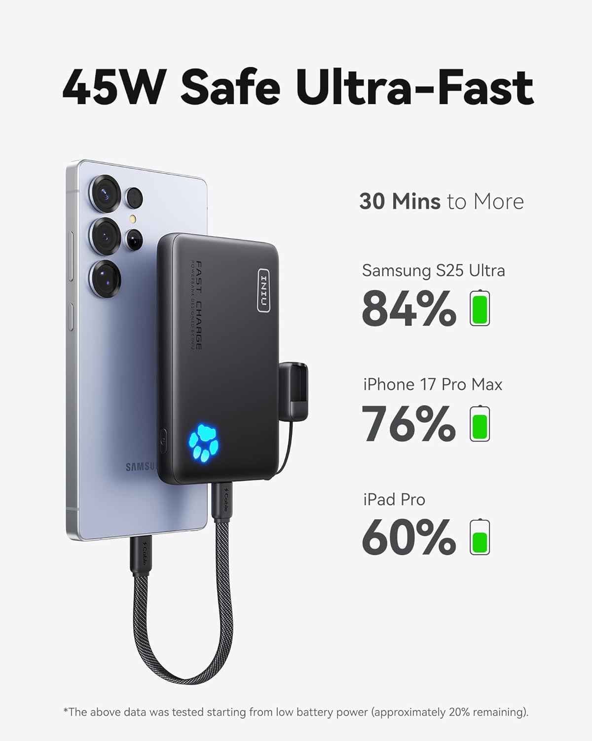 INIU Portable Charger, Ultra Slim 45W Fast Charging with Attached USB C Cable, Flight-Safe 10000mAh PD Power Bank Battery Pack, Travel Essential Phone Powerbank for iPhone 17 16 Samsung S25 Google etc - Image 3