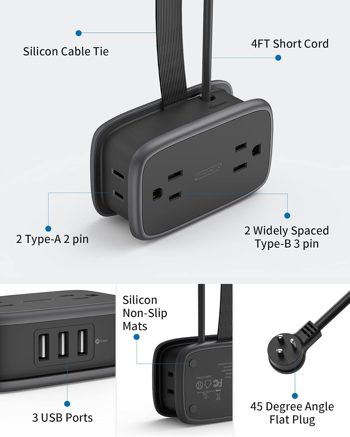 Travel Power Strip with USB Ports, NTONPOWER 4ft Flat Plug Wrapped Around Short Extension Cord with 4 Outlets 3 USB Ports, Compact for Cruise Travel Essential Hotel Home Office, Black - Image 8