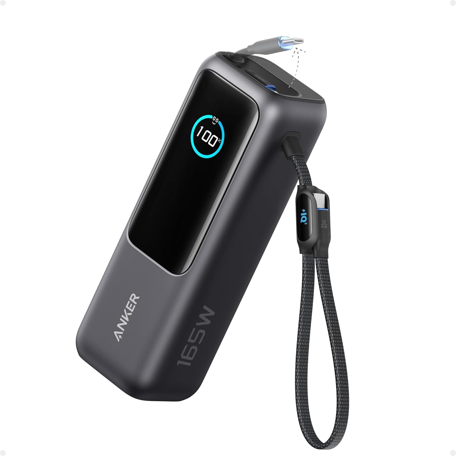 Anker Laptop Power Bank, 25,000mAh Portable Charger with Triple 100W USB-C Ports, Built-in Retractable Cables, Flight-Approved for Travel, iPhone 17/16 Series, MacBook, Samsung, and More