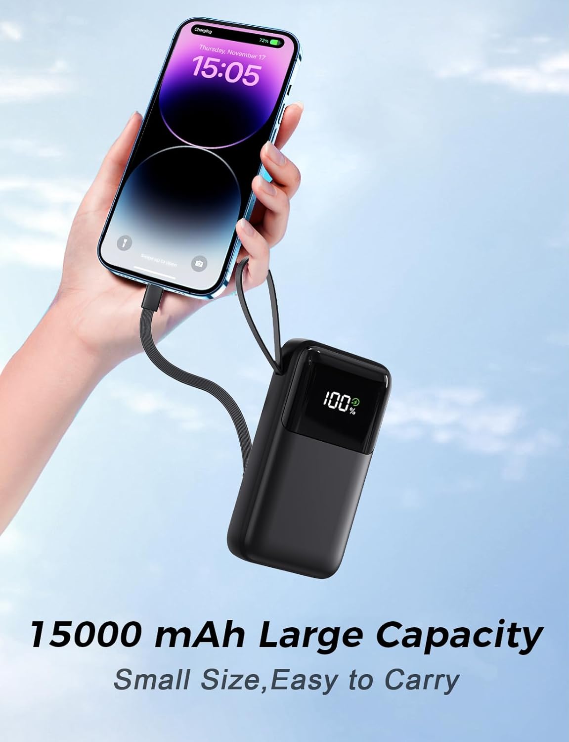Power Bank, 15000mAh Portable Charger with Built in Cable, 22.5W Fast Charging, 6 Outputs, Slim Travel Essential Battery Pack with LED Display, Compatible with iPhone 17/16/15/14/13, iPad Black - Image 5