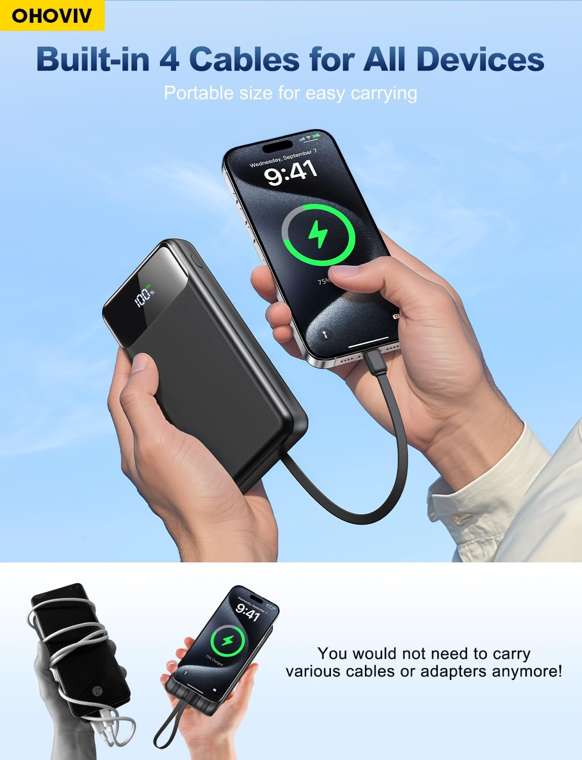 Portable Charger Power Bank 50000mAh Battery Pack, 22.5W Fast Charging PowerBank with Built in Cables,Travel Essential USB-C Portable Phone Charger for iPhone Samsung Pixel Android iPad - Image 3