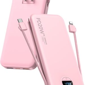 Portable Charger, 10000mAh PD20W Fast Charging Power Bank with Built-in Cables & Wall Plug, External Battery Pack with LED Display, Travel Essentials Battery Bank for iPhone, iPad, Samsung Fairy Pink