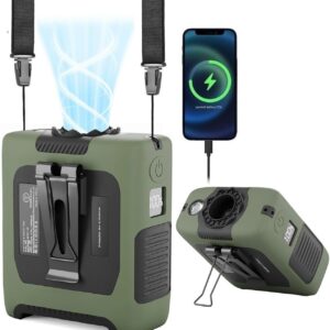 Portable Fan Wearable Personal Fan with 5 Speed Max 55 Working Hours Low Noise Portable Neck Fans Cooling Waist Fans for Camping Traveling LED Power Display 10000mAh Rechargeable Fan Green