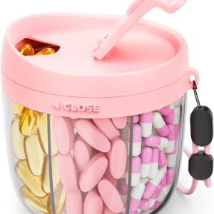 Cute Pill Dispenser with 7 Compartments, Pill Bottle Organizer with Anti-Mix Design, Portable Pill Organizer for Travel with Wide Mouth for Easy Access, BPA-Free Patented Pill Container, Pink