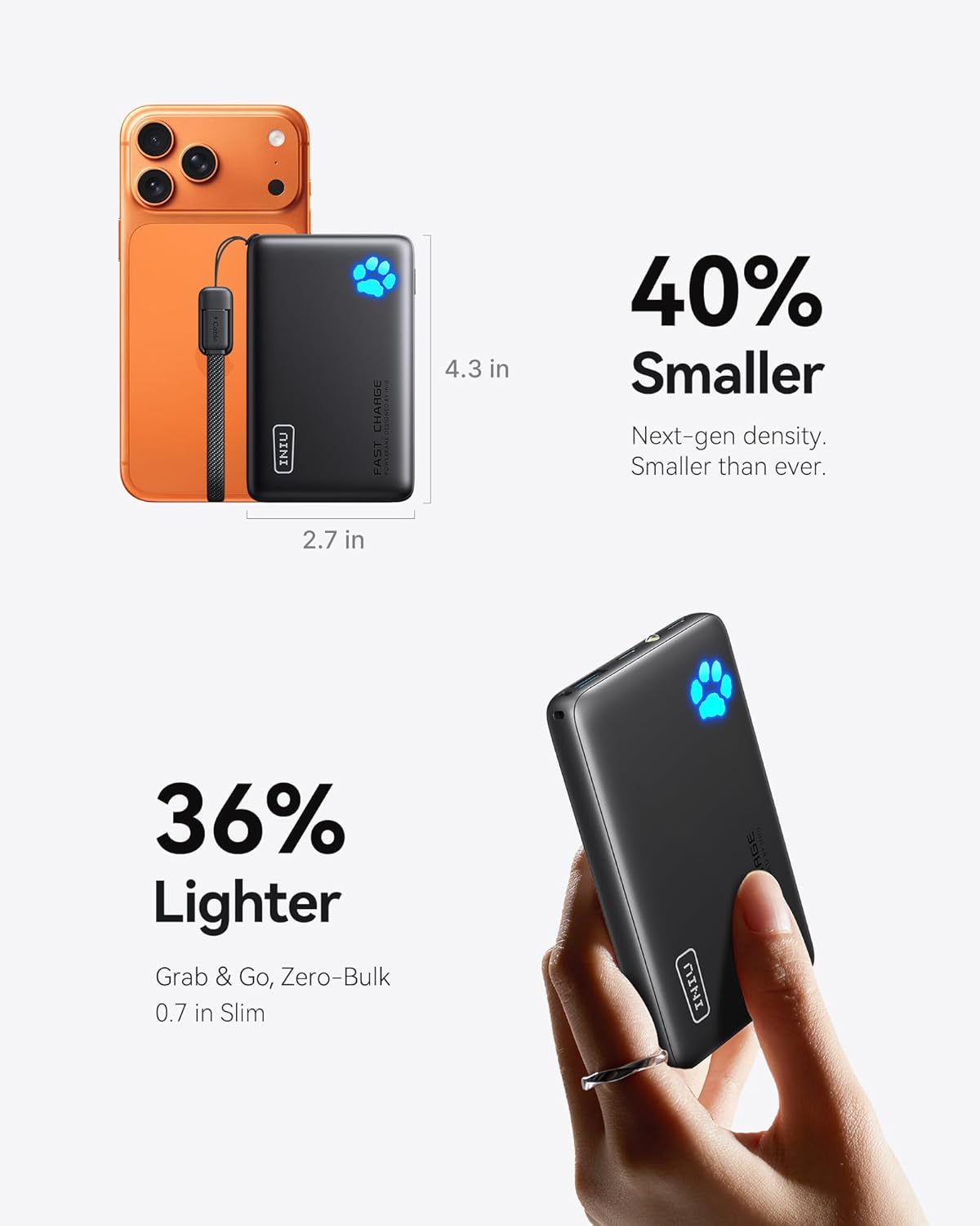 INIU Portable Charger, Ultra Slim 45W Fast Charging with Attached USB C Cable, Flight-Safe 10000mAh PD Power Bank Battery Pack, Travel Essential Phone Powerbank for iPhone 17 16 Samsung S25 Google etc - Image 2