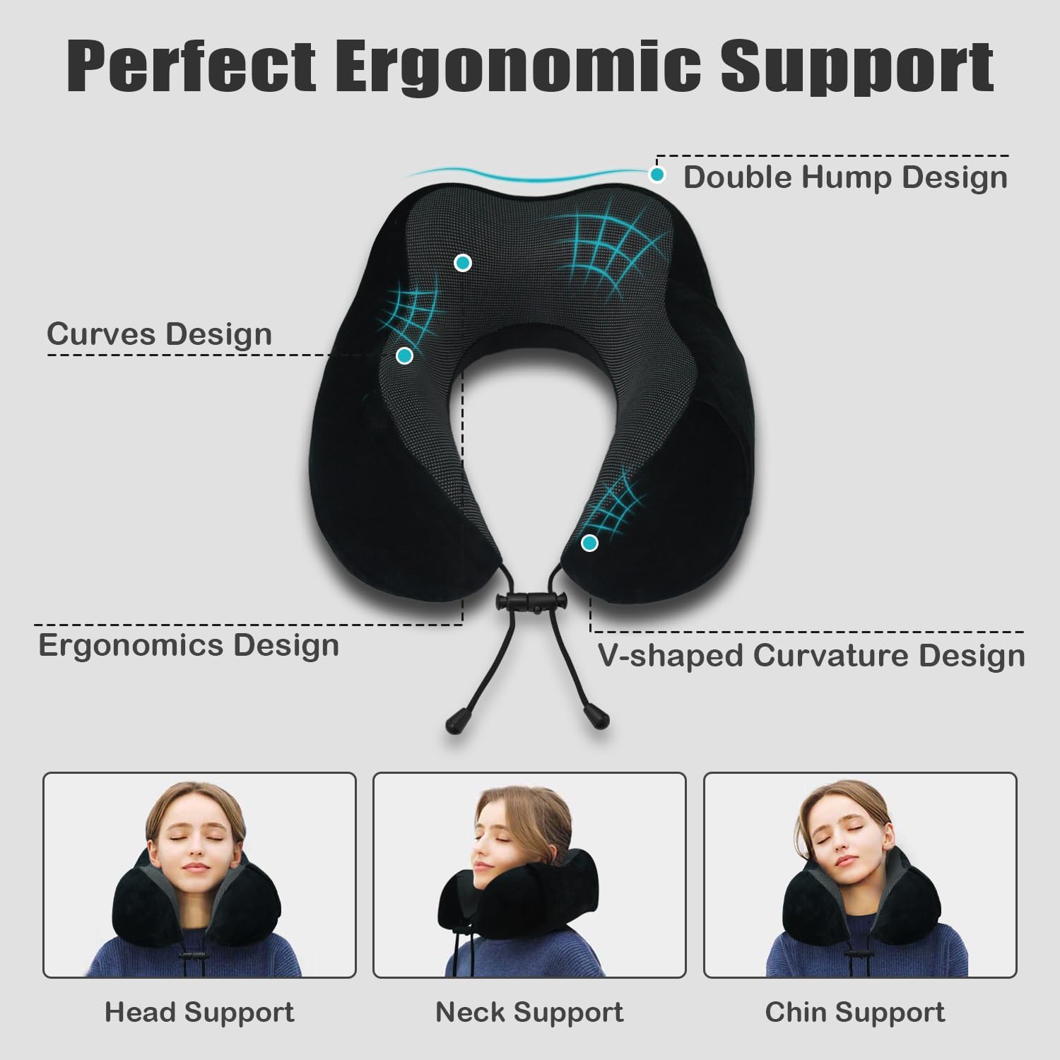 Travel Pillow, Memory Foam Neck Pillow for Traveling, U Shape Neck Pillow Airplane Portable Flight Pillow Travel Kit with 3D Contoured Eye Masks and Earplug for Plane Train Car Home Office - Black - Image 4