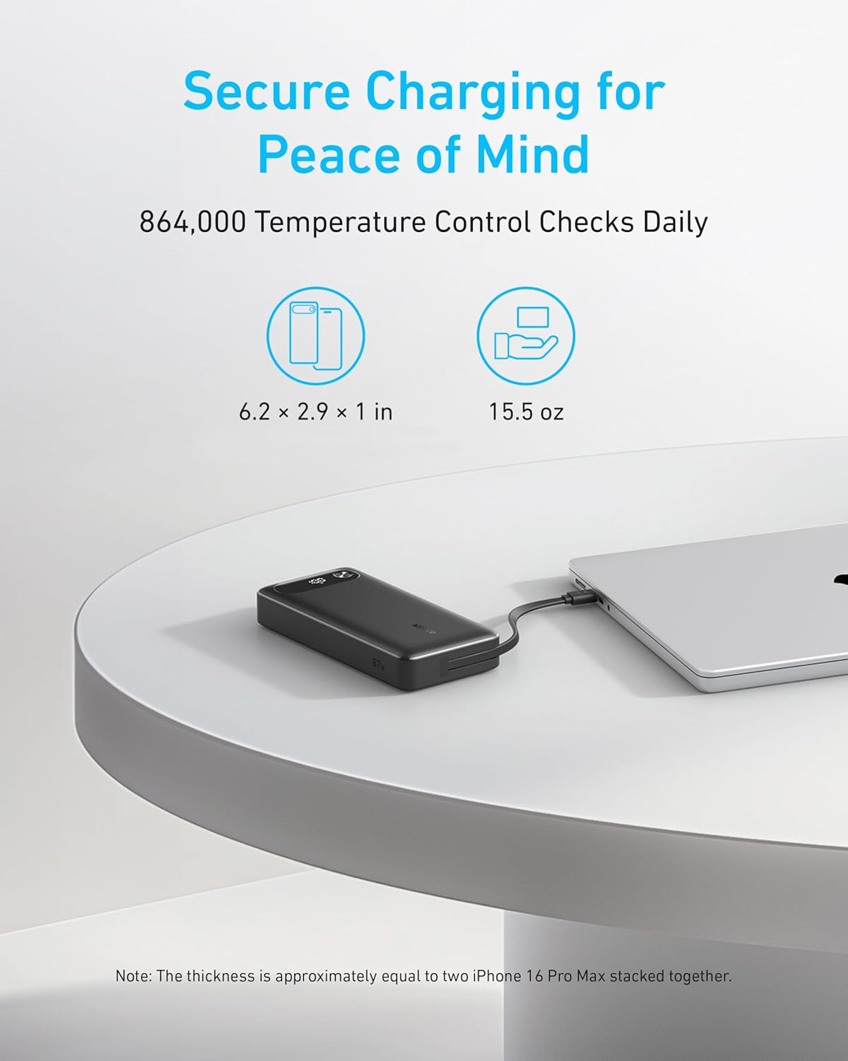 Anker Power Bank, 20,000mAh Travel Essential Portable Charger with Built-in USB-C Cable, 3-Port 87W Max Fast Charging Battery Pack, for MacBook, iPhone 16/15 Series, Samsung, Switch, and More - Image 6