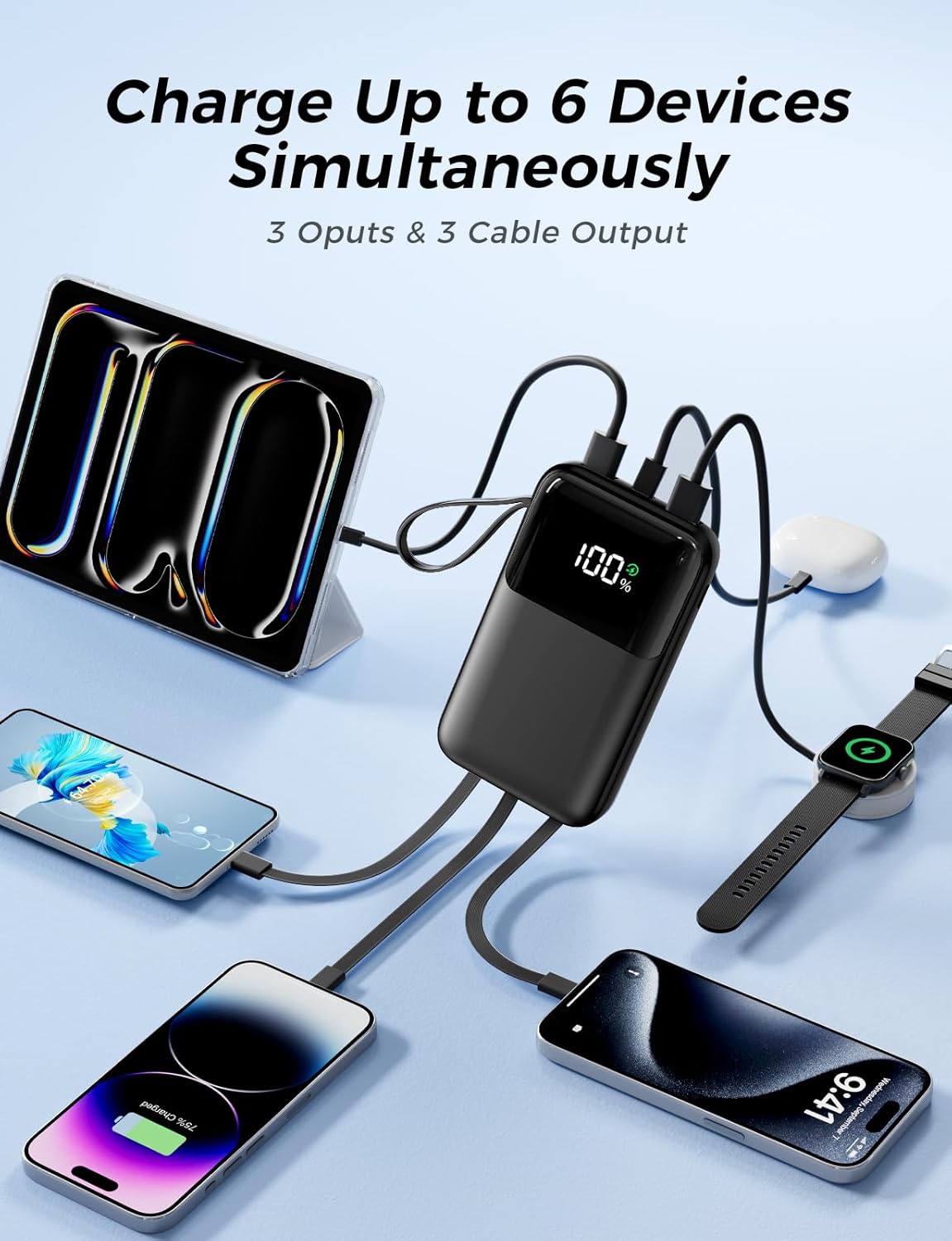 Power Bank, 15000mAh Portable Charger with Built in Cable, 22.5W Fast Charging, 6 Outputs, Slim Travel Essential Battery Pack with LED Display, Compatible with iPhone 17/16/15/14/13, iPad Black - Image 3
