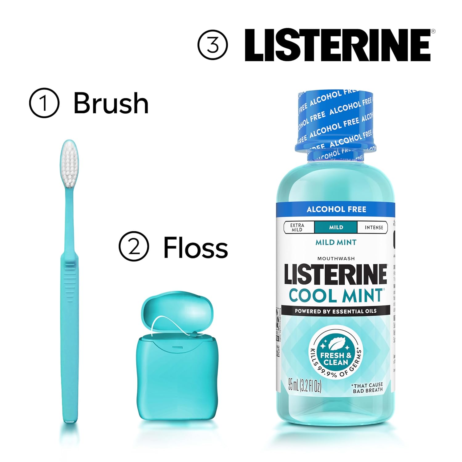 Listerine Cool Mint Alcohol-Free Mild Mouthwash, Oral Rinse Kills 99.9% of Germs that Cause Bad Breath, Less Intense Taste, Mild Mint Flavor, 3.2 fl. oz - Image 7
