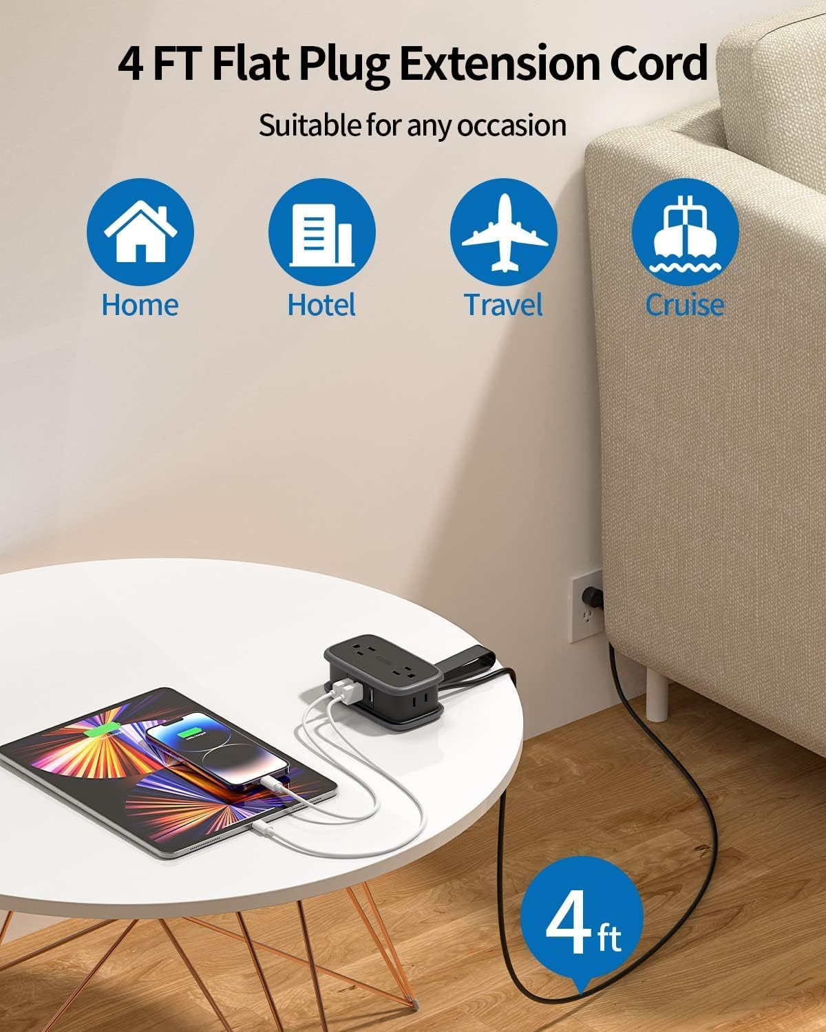 Travel Power Strip with USB Ports, NTONPOWER 4ft Flat Plug Wrapped Around Short Extension Cord with 4 Outlets 3 USB Ports, Compact for Cruise Travel Essential Hotel Home Office, Black - Image 4