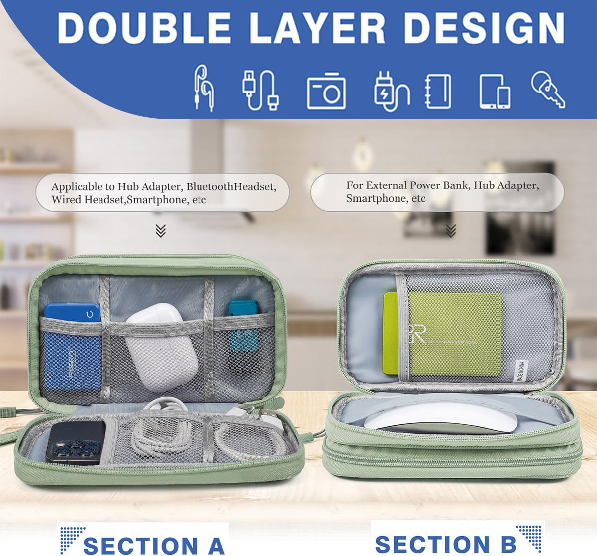 Cord Organizer Travrel Bag, Electronic Organizer Travel Case, Water Resistant Cable Organizer Pouch for Cable, Cord, USB, Charger, Phone, Power Bank, Earphone (Mint Green, Medium) - Image 5