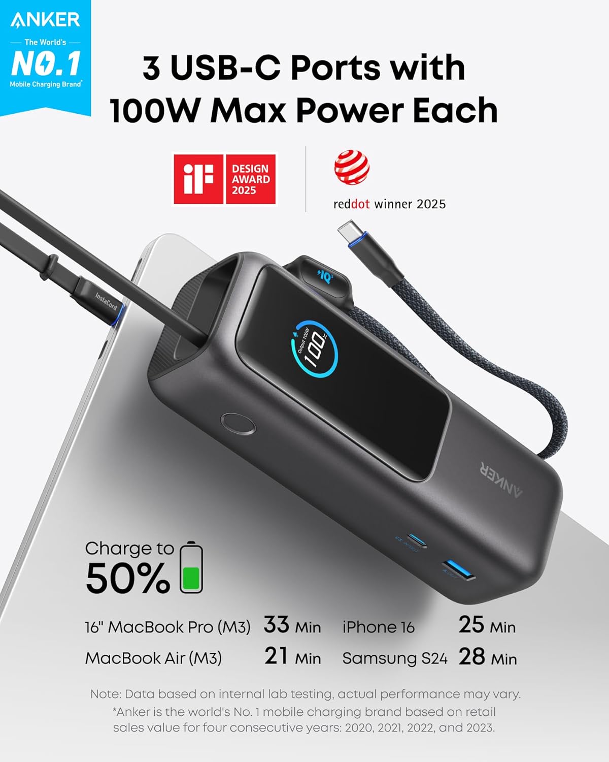 Anker Laptop Power Bank, 25,000mAh Portable Charger with Triple 100W USB-C Ports, Built-in Retractable Cables, Flight-Approved for Travel, iPhone 17/16 Series, MacBook, Samsung, and More - Image 2