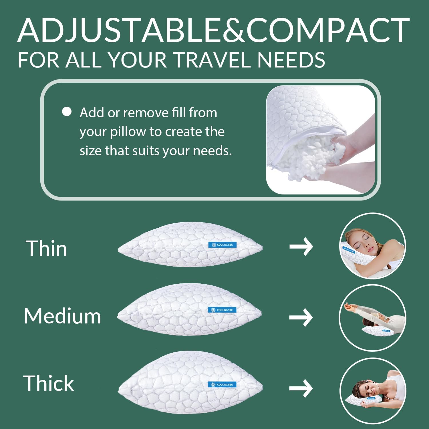 QUTOOL Cooling Pillow for Sleeping, CertiPUR-US Shredded Memory Foam Camping Pillow Set of 1, Backpacking for Hiking Gear, Portable Pillow with Travel Storage Bag, Soft Yet Support,White - Image 4