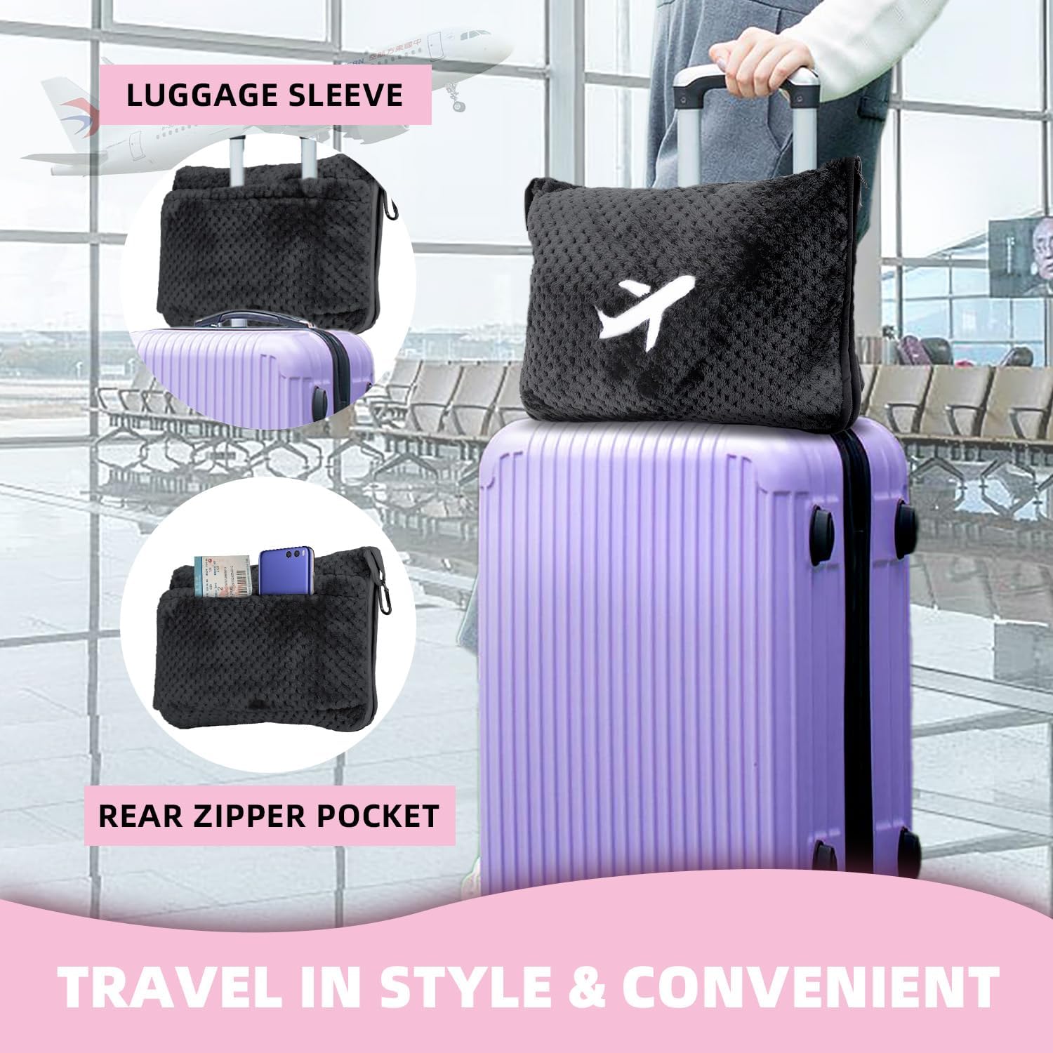 3 in 1 Travel Blanket Pillow Set - 350 GSM Thick Travel Blanket Airplane Compact with Bag, Soft Bag with a Pocket, Inflatable Travel Pillow for Camping & Car Trip (Dark Grey) - Image 4
