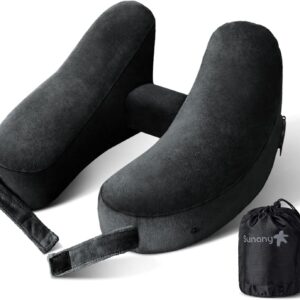 Sunany Neck Pillow for Travel Inflatable Airplane Pillow Comfortably Supports Head, Neck and Chin, Inflatable Travel Pillow with Soft Velour Cover and Portable Drawstring Bag (Black)