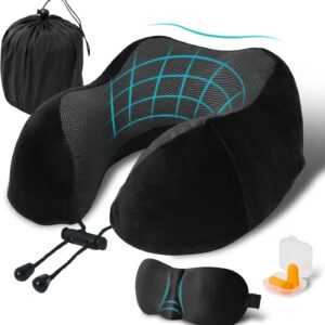 Travel Pillow, Memory Foam Neck Pillow for Traveling, U Shape Neck Pillow Airplane Portable Flight Pillow Travel Kit with 3D Contoured Eye Masks and Earplug for Plane Train Car Home Office - Black