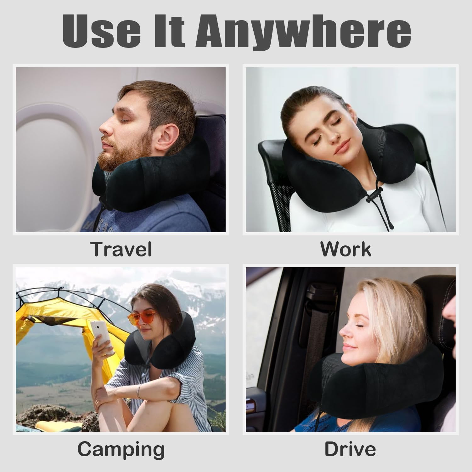 Travel Pillow, Memory Foam Neck Pillow for Traveling, U Shape Neck Pillow Airplane Portable Flight Pillow Travel Kit with 3D Contoured Eye Masks and Earplug for Plane Train Car Home Office - Black - Image 6