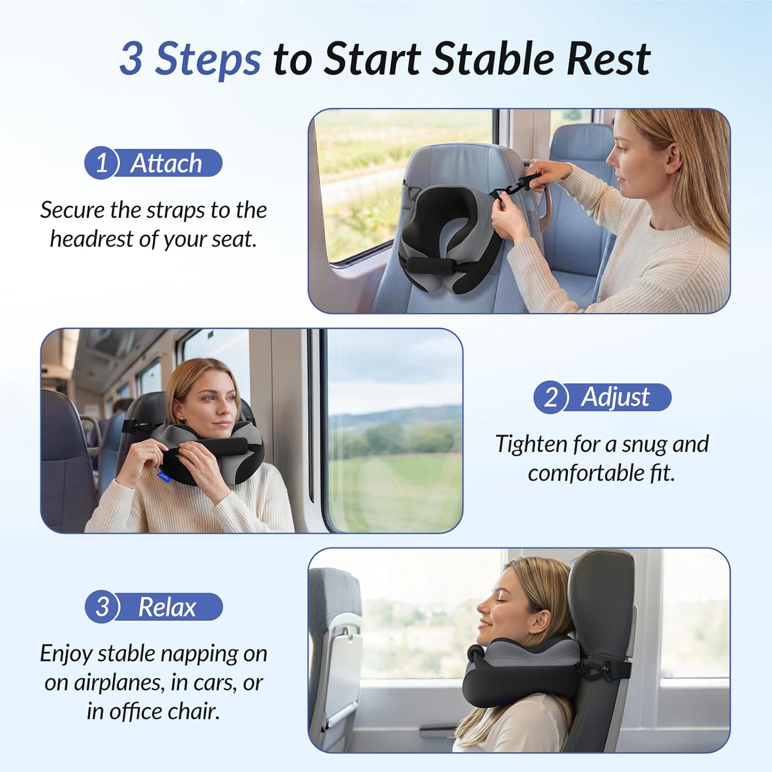 ZIKEE Ergonomic Travel Neck Pillow for Airplane, Dual-Hold Design to Stabilize Head and Neck on Flights, Ear-Free Memory Foam Airplane Travel Pillow, Quality Carrying Case, Breathable & Washable Cover - Image 8