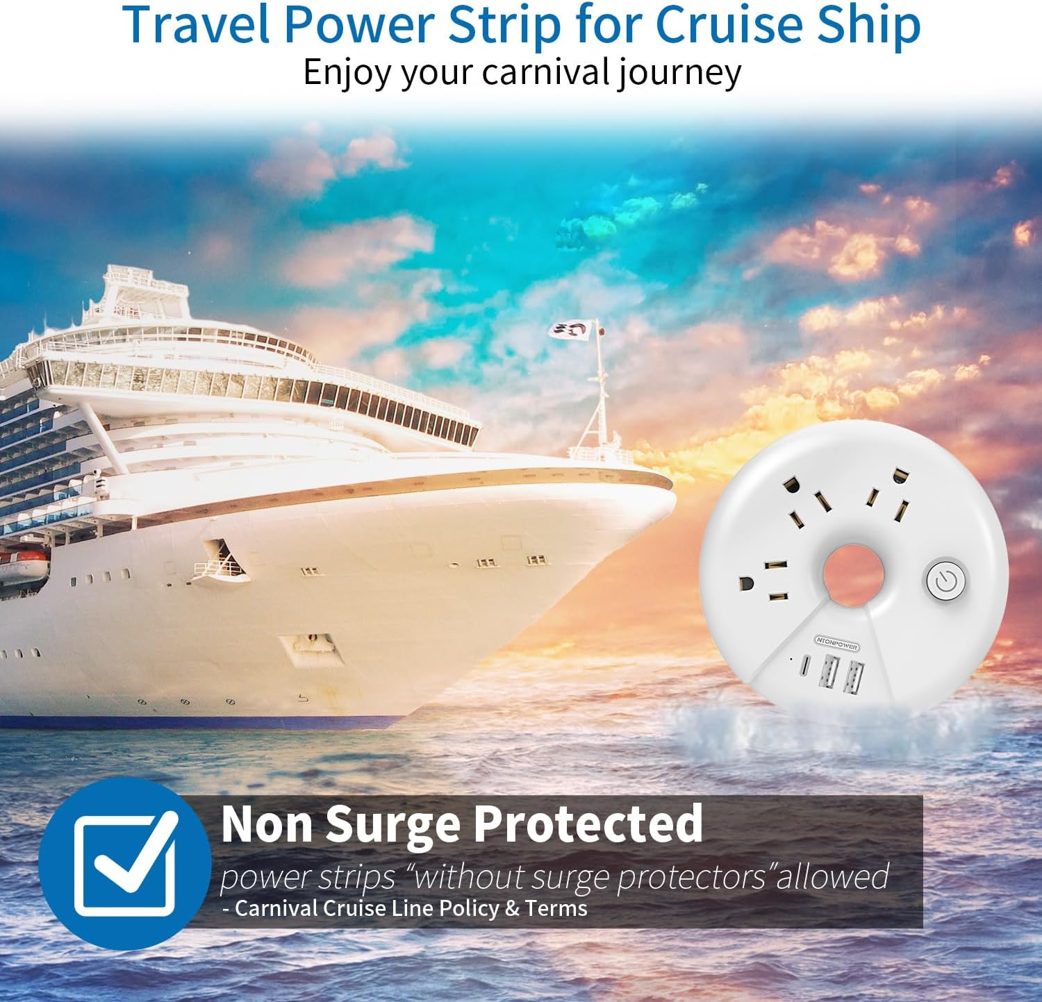 Travel Power Strip, NTONPOWER 3 Outlets 3 USB(1 USB C) Cruise Approved Power Strip, Short Extension Cord 3ft, Travel Essentials for Home, Hotels, Cruise Ship, Vacation, White, i-Donut - Image 4