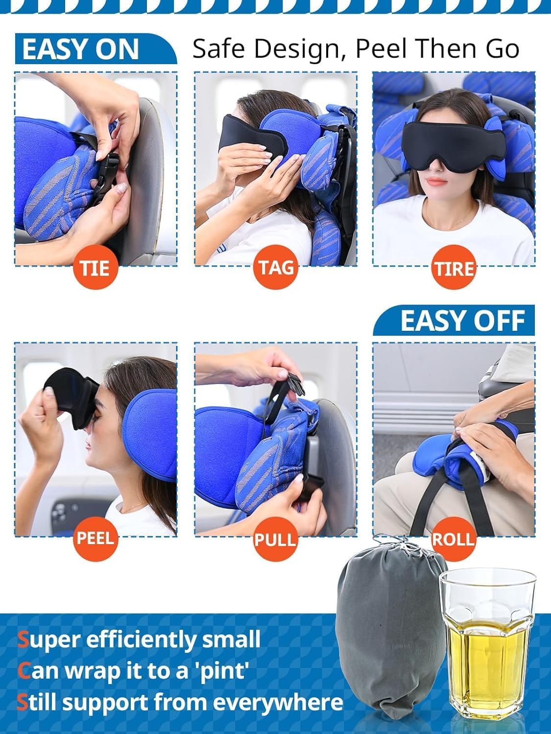 Travel Pillows for Airplanes, 360° Support Headrest Pillow with Eye Mask for Sleeping, Travel Airplane Pillow for Long Flights Car Road Trip, Travel Accessories Stop Bobblehead, Black - Image 7