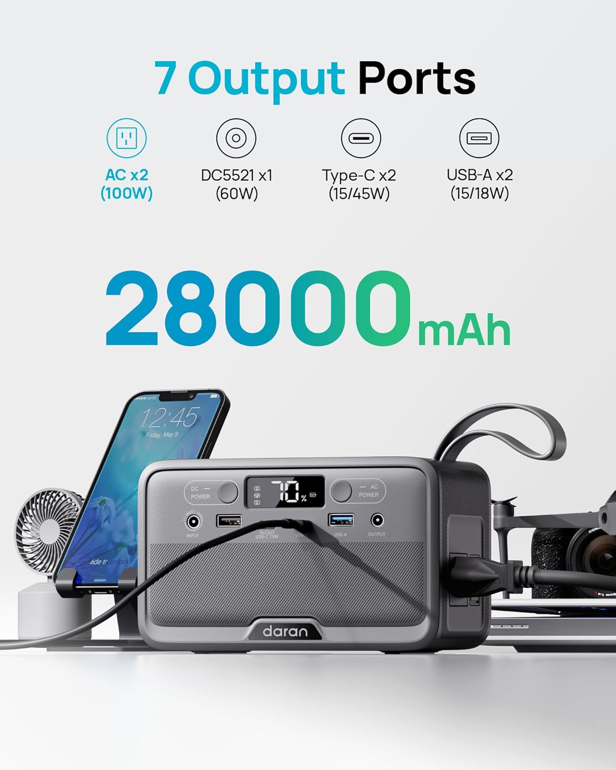Portable Power Station 28,000mAh LiFePO4 Battery 100W(200W Peak) Solar Power Bank, Portable Charger Small Generator with AC Outlets & PD Fast Charging for Home/Laptop/Camping(Solar Panel Optional) - Image 2
