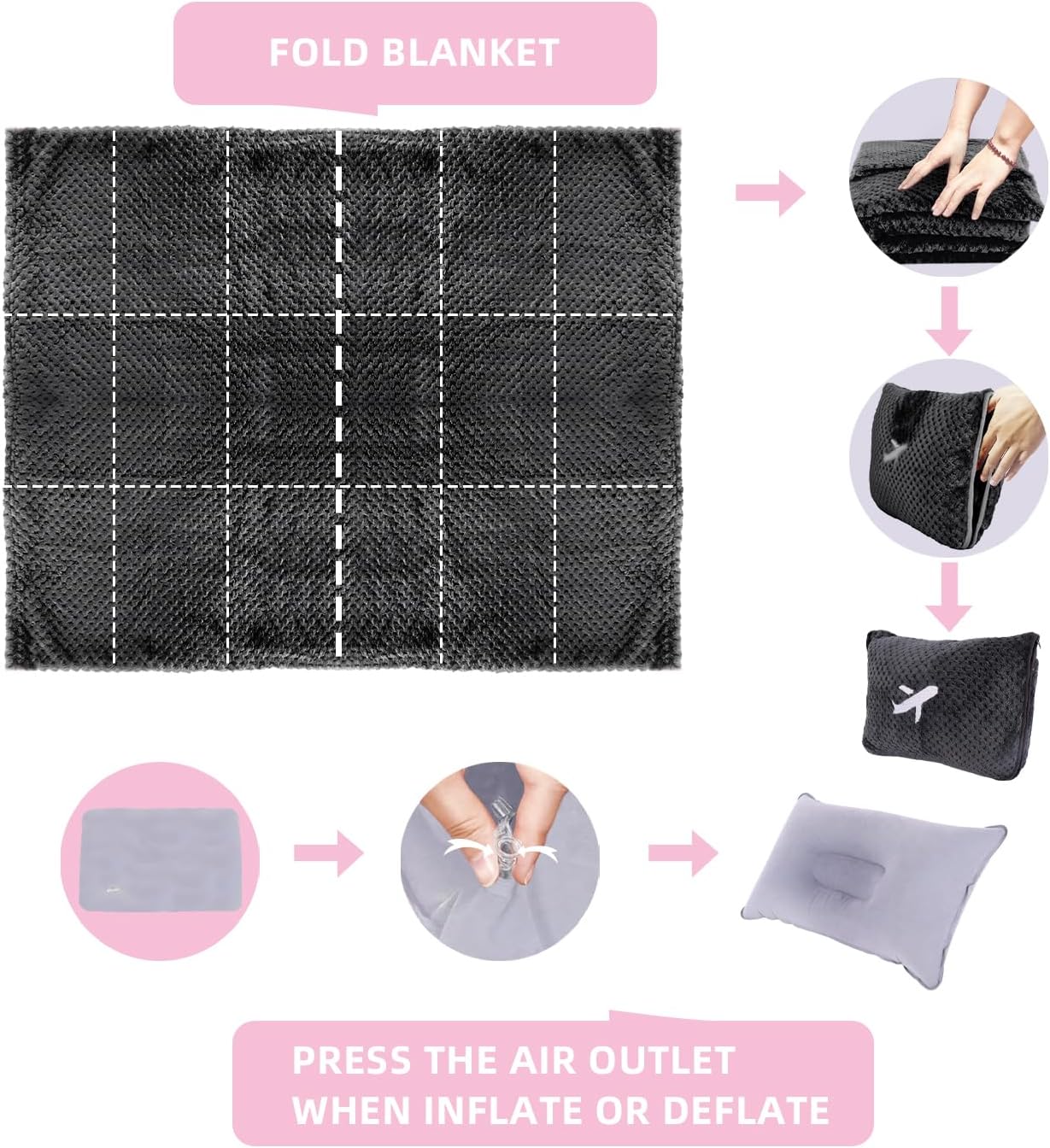 3 in 1 Travel Blanket Pillow Set - 350 GSM Thick Travel Blanket Airplane Compact with Bag, Soft Bag with a Pocket, Inflatable Travel Pillow for Camping & Car Trip (Dark Grey) - Image 6