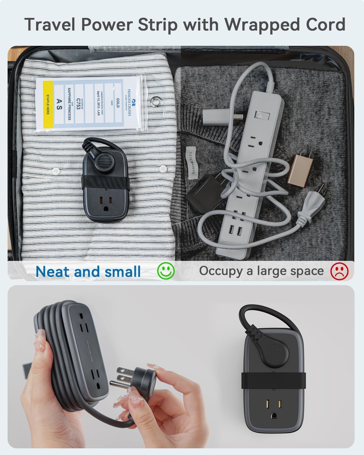 Travel Power Strip with USB Ports, NTONPOWER 4ft Flat Plug Wrapped Around Short Extension Cord with 4 Outlets 3 USB Ports, Compact for Cruise Travel Essential Hotel Home Office, Black - Image 2