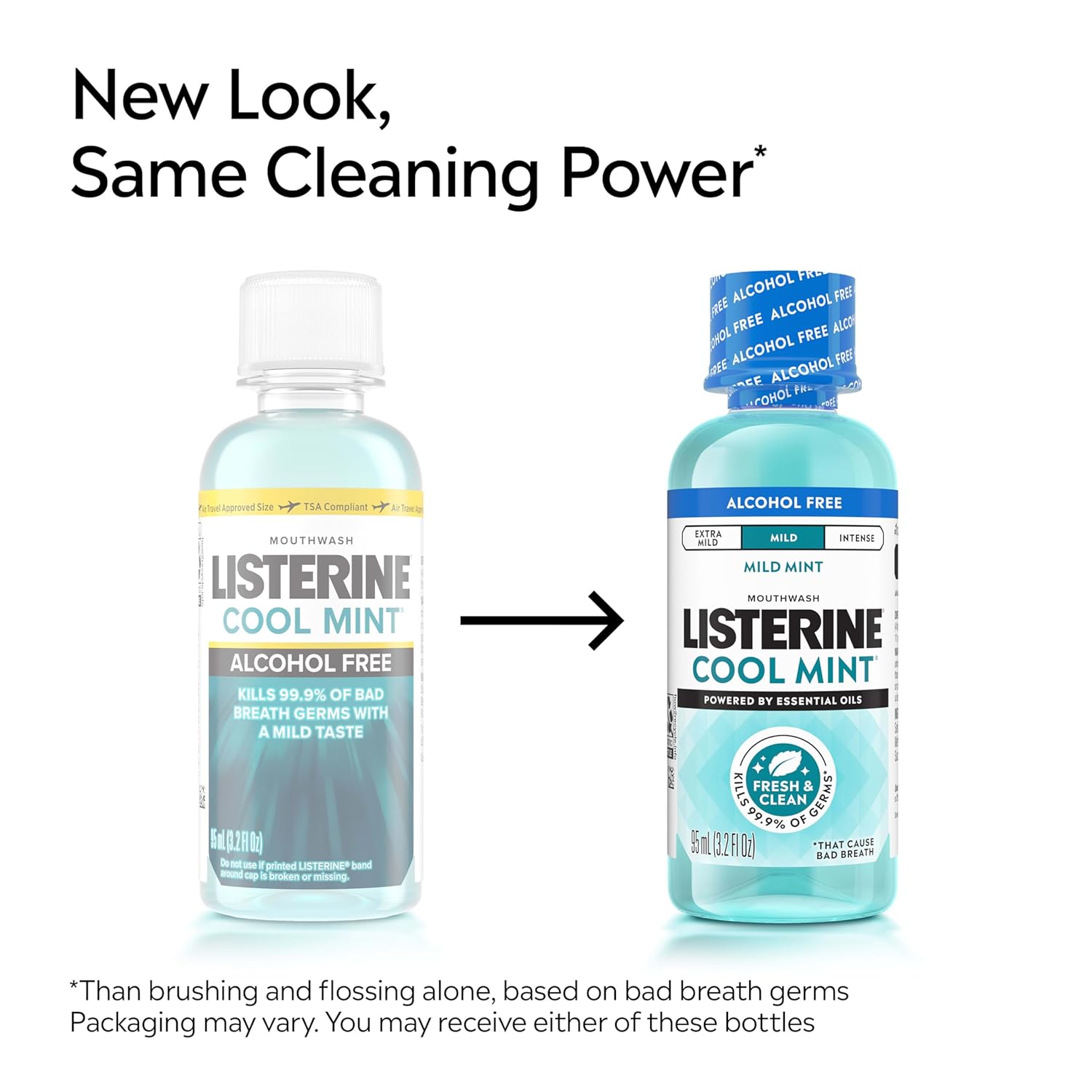 Listerine Cool Mint Alcohol-Free Mild Mouthwash, Oral Rinse Kills 99.9% of Germs that Cause Bad Breath, Less Intense Taste, Mild Mint Flavor, 3.2 fl. oz - Image 2