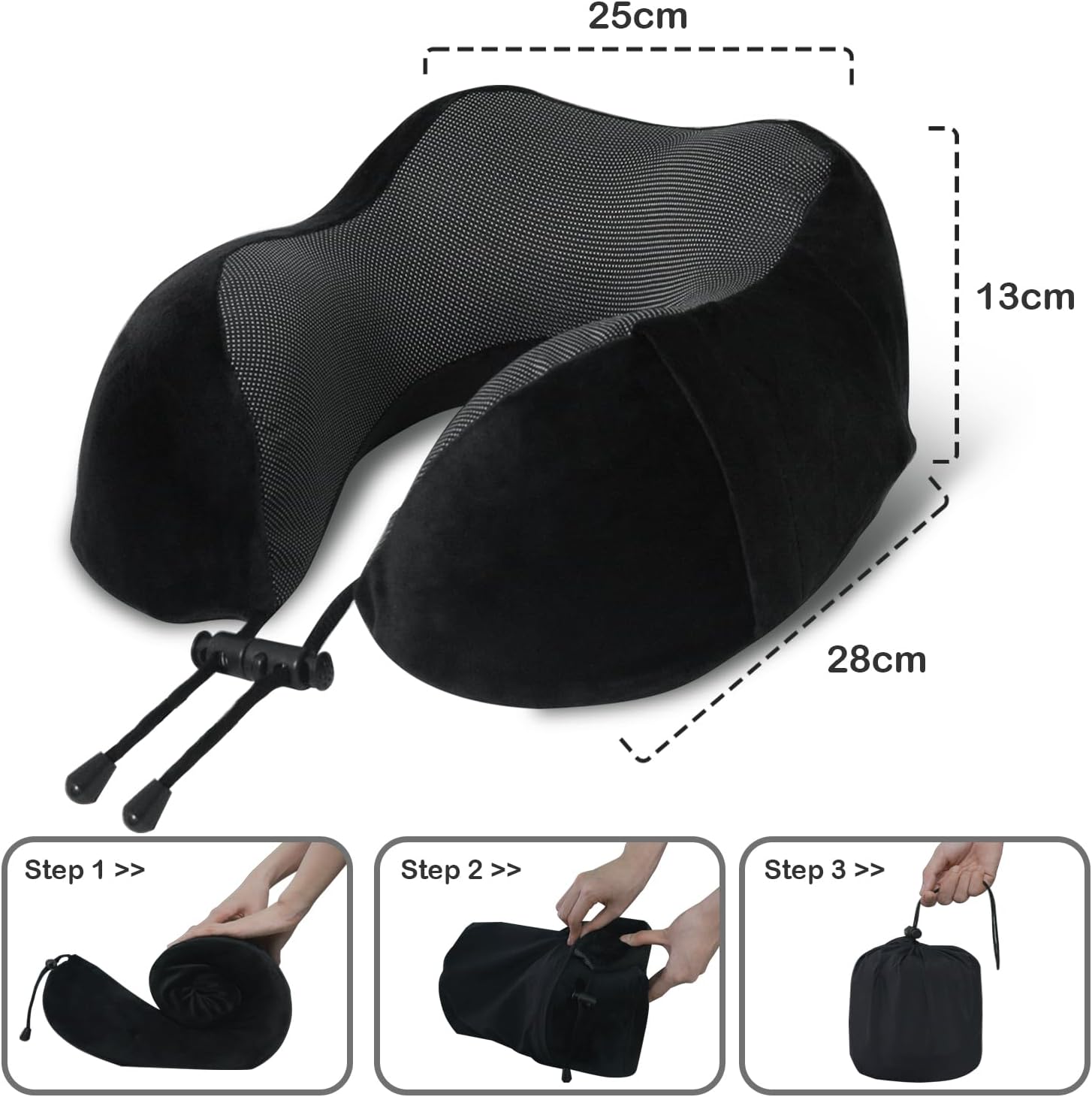 Travel Pillow, Memory Foam Neck Pillow for Traveling, U Shape Neck Pillow Airplane Portable Flight Pillow Travel Kit with 3D Contoured Eye Masks and Earplug for Plane Train Car Home Office - Black - Image 5