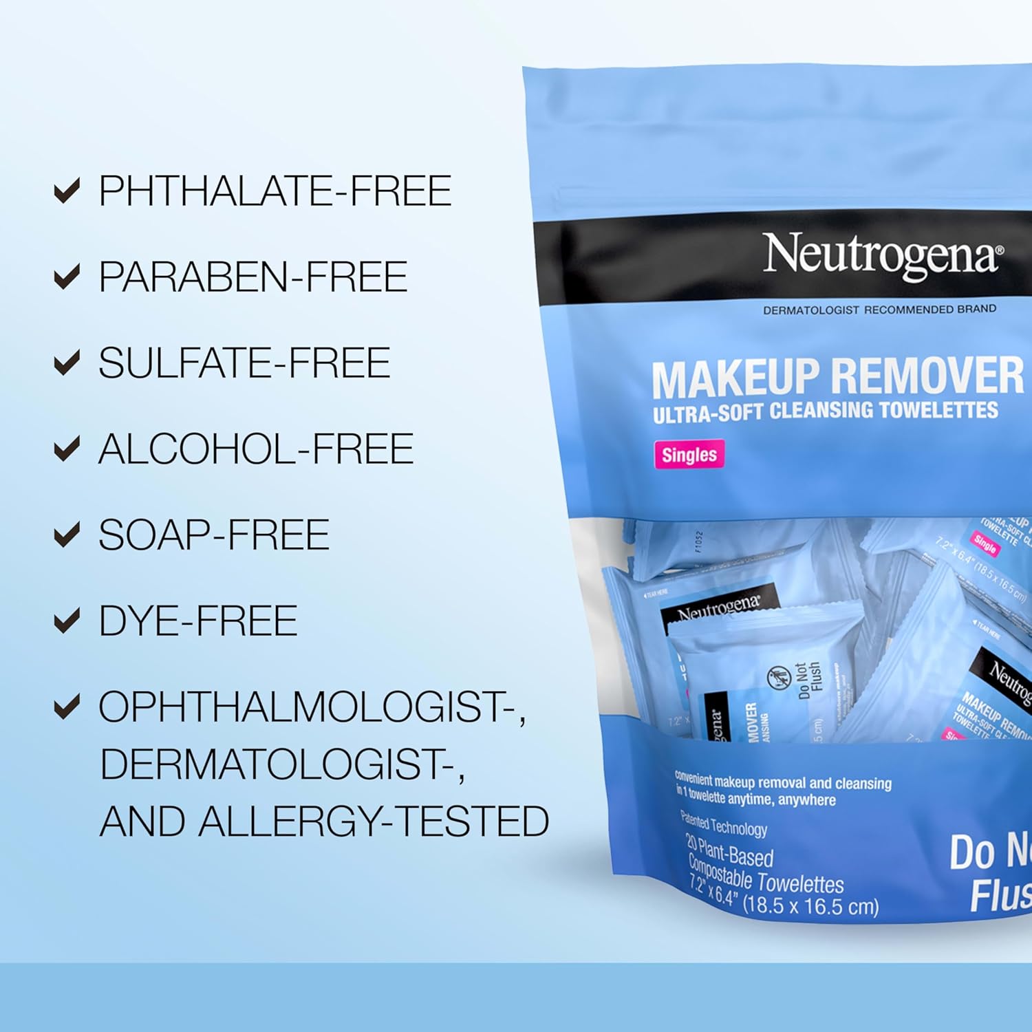 Neutrogena Makeup Remover Wipes, Daily Single Face Cleansing Towelettes, Makeup Removing Cleansing Wipes Removes Dirt & Oil, Alcohol-Free Face Towelettes, 20 ct - Image 5