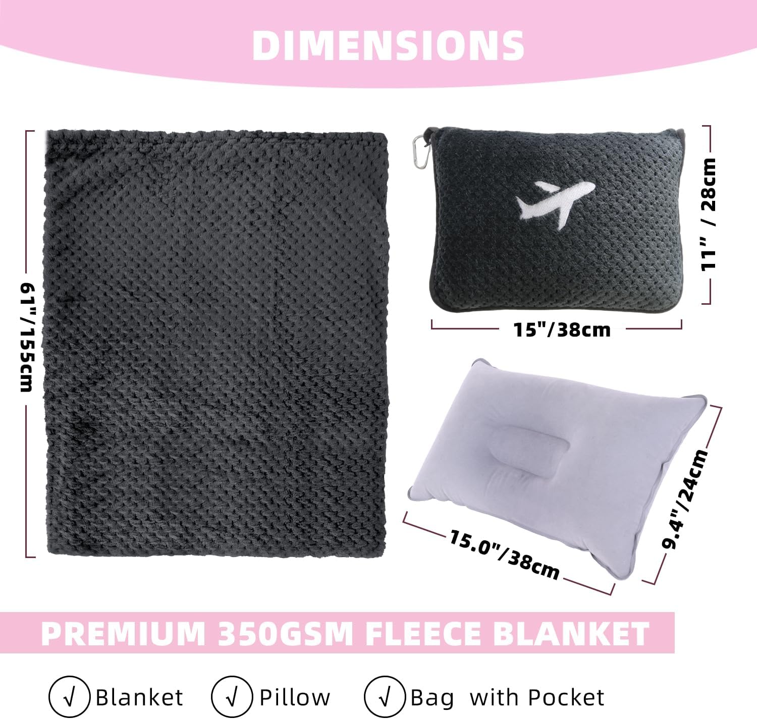3 in 1 Travel Blanket Pillow Set - 350 GSM Thick Travel Blanket Airplane Compact with Bag, Soft Bag with a Pocket, Inflatable Travel Pillow for Camping & Car Trip (Dark Grey) - Image 5
