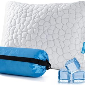 QUTOOL Cooling Pillow for Sleeping, CertiPUR-US Shredded Memory Foam Camping Pillow Set of 1, Backpacking for Hiking Gear, Portable Pillow with Travel Storage Bag, Soft Yet Support,White