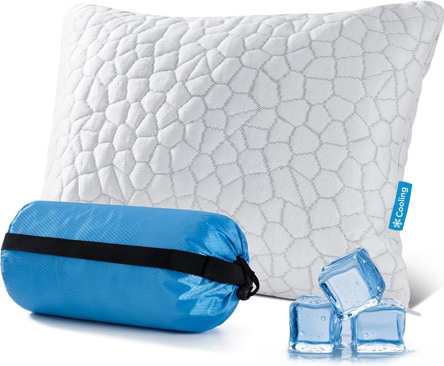 QUTOOL Cooling Pillow for Sleeping, CertiPUR-US Shredded Memory Foam Camping Pillow Set of 1, Backpacking for Hiking Gear, Portable Pillow with Travel Storage Bag, Soft Yet Support,White
