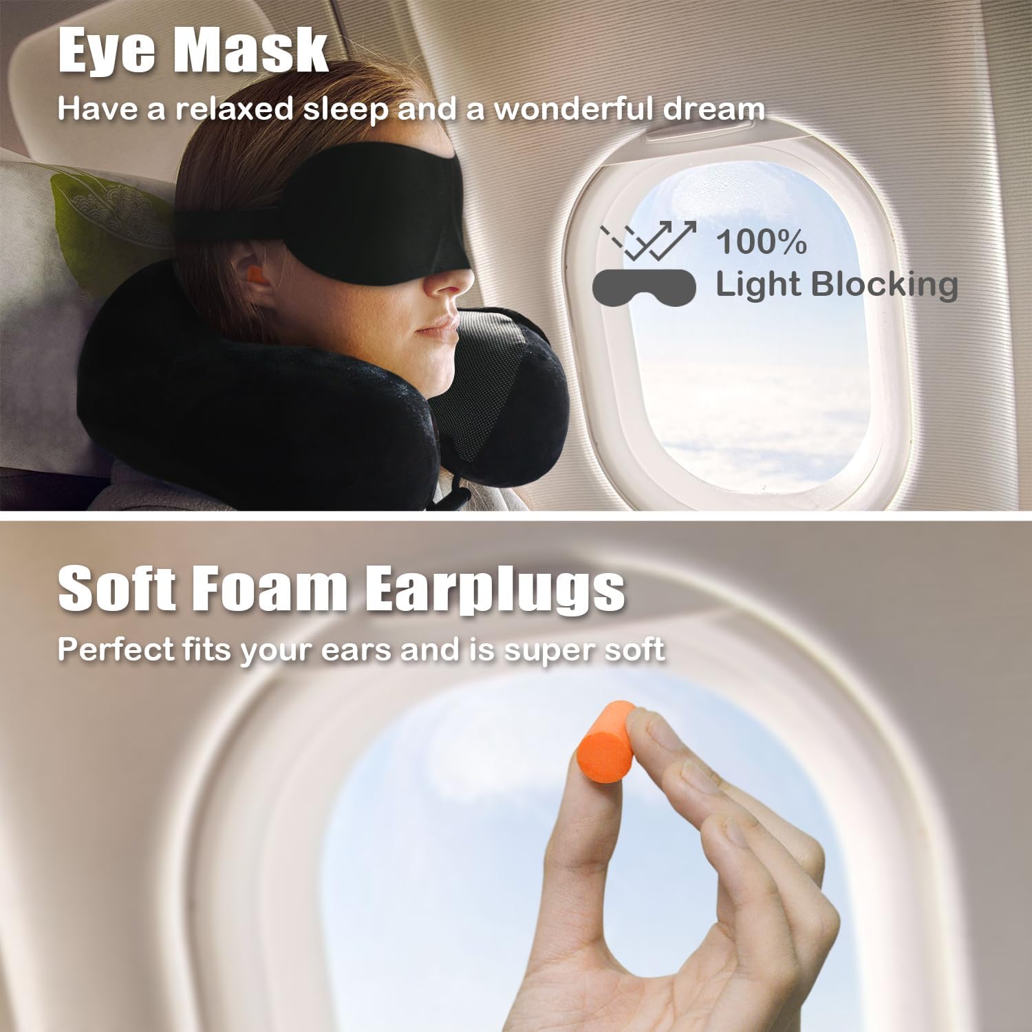 Travel Pillow, Memory Foam Neck Pillow for Traveling, U Shape Neck Pillow Airplane Portable Flight Pillow Travel Kit with 3D Contoured Eye Masks and Earplug for Plane Train Car Home Office - Black - Image 2