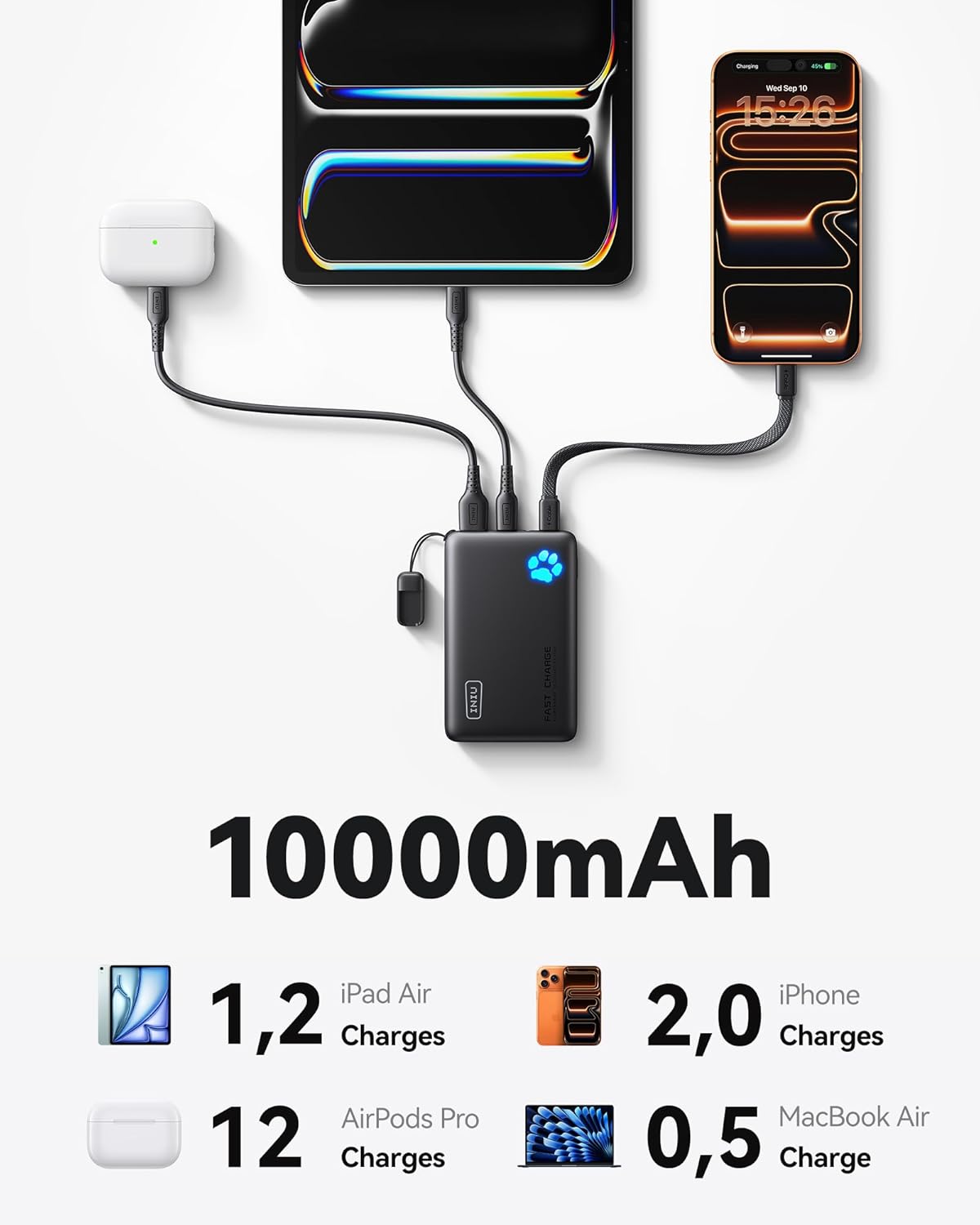 INIU Portable Charger, Ultra Slim 45W Fast Charging with Attached USB C Cable, Flight-Safe 10000mAh PD Power Bank Battery Pack, Travel Essential Phone Powerbank for iPhone 17 16 Samsung S25 Google etc - Image 5