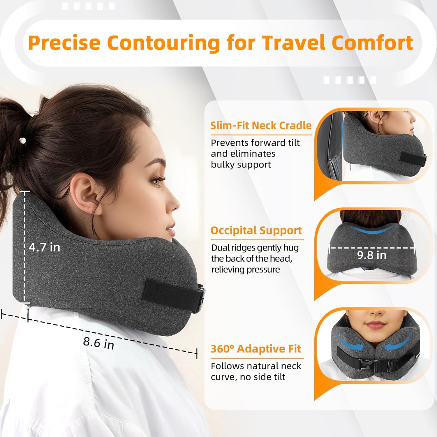 Neck Pillow Airplane Travel Set - Pure Memory Foam Travel Neck Pillow, Plane Pillow for Long Flights Essentials, Sleeping with 3D Contoured Eye Mask, Earplugs, Portable Bag (Darkgray-M) - Image 3