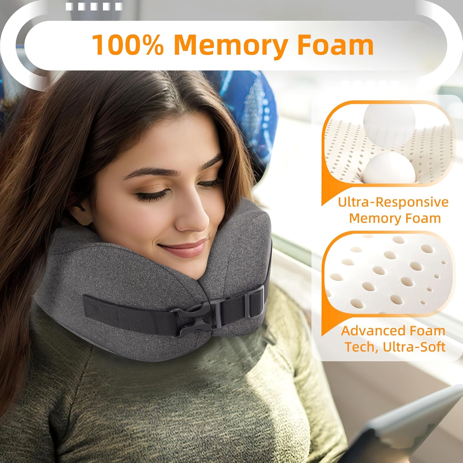 Neck Pillow Airplane Travel Set - Pure Memory Foam Travel Neck Pillow, Plane Pillow for Long Flights Essentials, Sleeping with 3D Contoured Eye Mask, Earplugs, Portable Bag (Darkgray-M) - Image 5