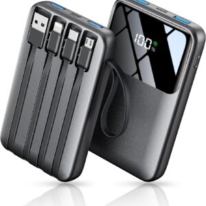 Power Bank, 15000mAh Portable Charger with Built in Cable, 22.5W Fast Charging, 6 Outputs, Slim Travel Essential Battery Pack with LED Display, Compatible with iPhone 17/16/15/14/13, iPad Black
