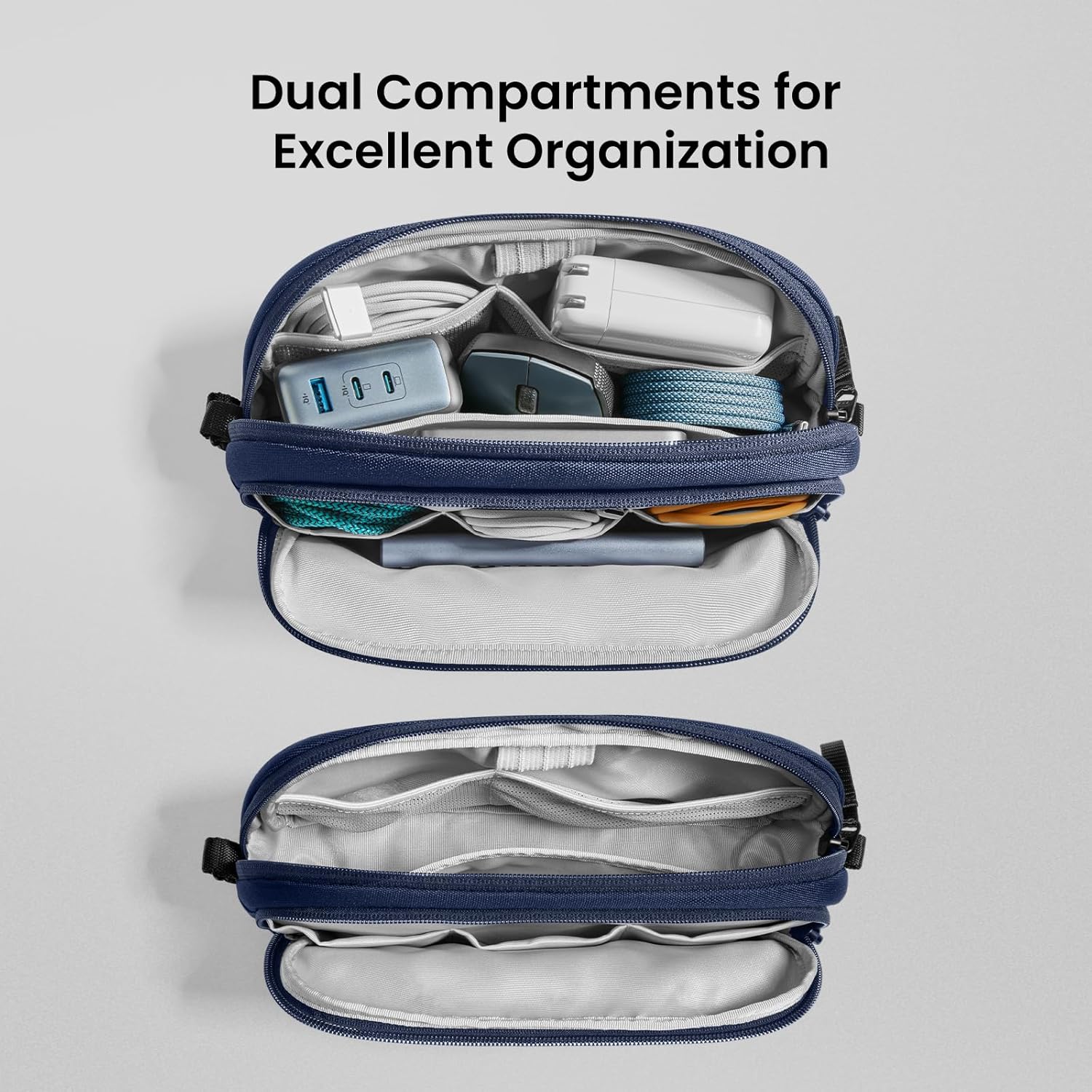 tomtoc Electronic Organizer Travel Case, Water Resistant Dual Compartment Tech Pouch Cable Organization Storage Bag for Charger, Cord, Phone, Hard Drive, Power Bank, Accessories Travel Essentials - Image 2