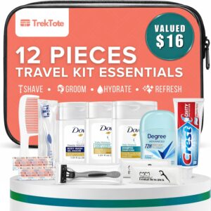 TrekTote Women’s 12 Piece Travel Hygiene Kit, Travel Size Toiletries Set with Cosmetic Bag, Carry On Essentials for Flights, Weekend Overnight Stay, Emergency Kit