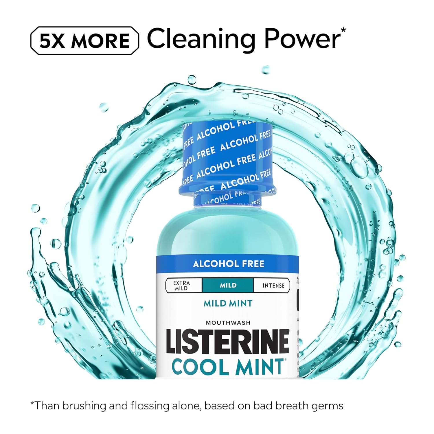 Listerine Cool Mint Alcohol-Free Mild Mouthwash, Oral Rinse Kills 99.9% of Germs that Cause Bad Breath, Less Intense Taste, Mild Mint Flavor, 3.2 fl. oz - Image 4