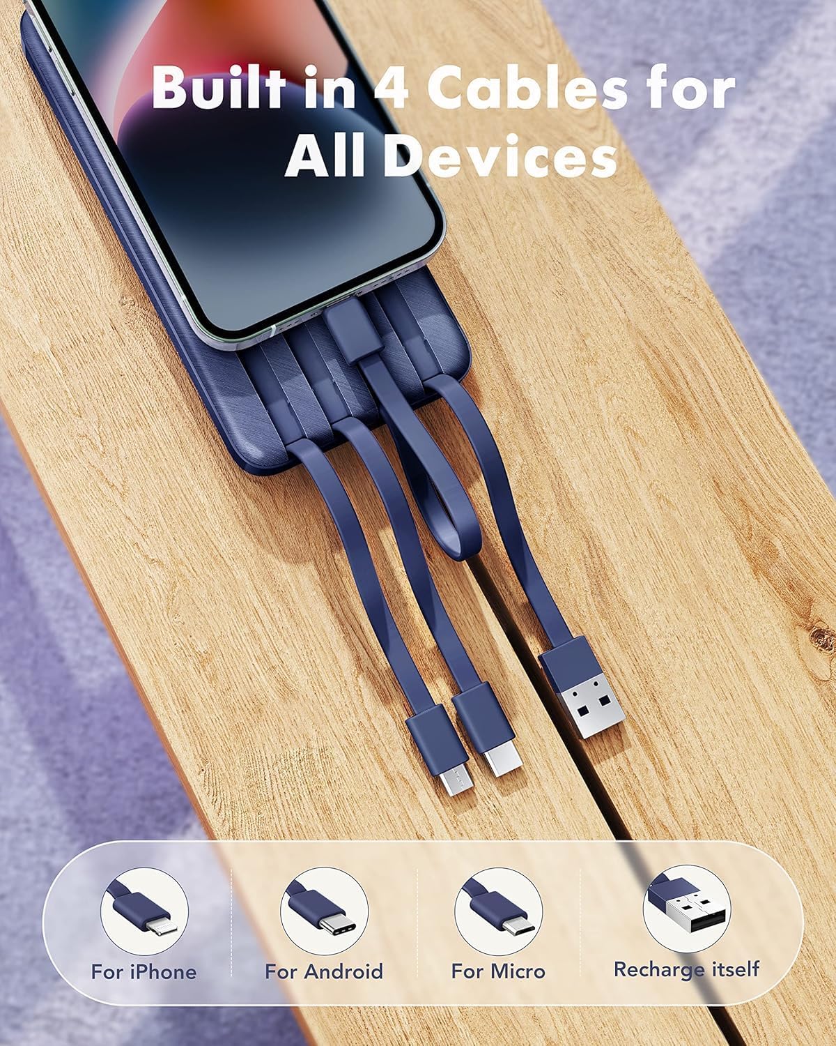 charmast Portable Charger with Built in Cables, Power Bank with Cords Wires, Slim 10000mAh Travel Battery Pack 6 Outputs 3 Inputs 3A Fast Charging for Samsung Google Pixel LG Moto iPhone iPad - Image 2