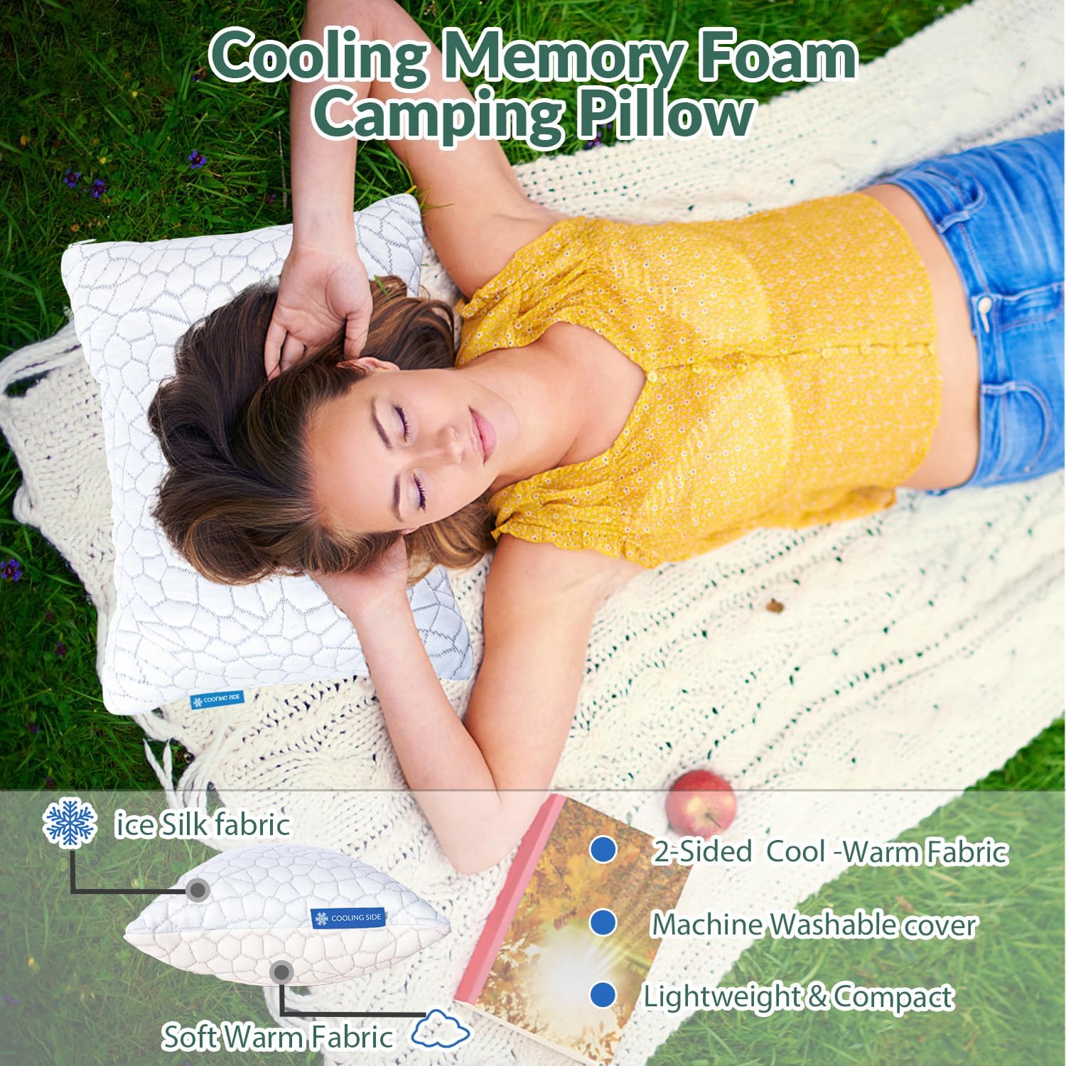 QUTOOL Cooling Pillow for Sleeping, CertiPUR-US Shredded Memory Foam Camping Pillow Set of 1, Backpacking for Hiking Gear, Portable Pillow with Travel Storage Bag, Soft Yet Support,White - Image 2