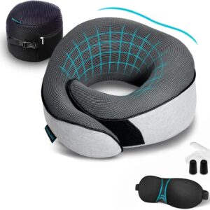 Proglobe Travel Neck Pillows for Airplanes, Sleeping Essentials for Long haul Flights, 360° Head Support, Car and Airplane Kit with 3D Contoured Eye Mask, Earplugs and Luxury Mesh Bag (Adult, Grey)