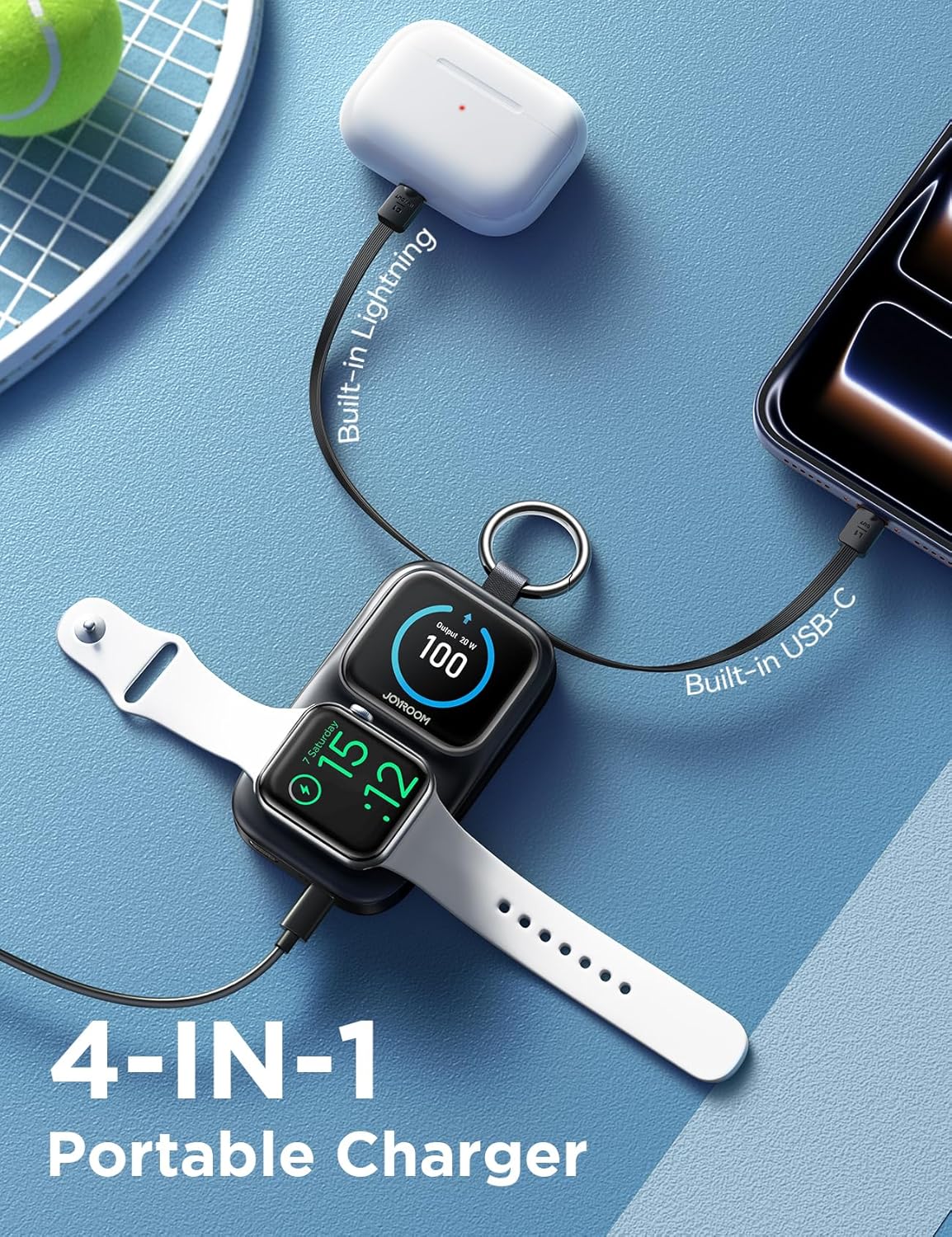 JOYROOM Portable Charger, Power Bank with Built-in Cables & LED Display, 5000mAh 20W PD Fast Charging & Fast Recharge, Travel Keychain Battery Pack for iPhone 17/16/15/14/13/12 & Apple Watch, Black - Image 3
