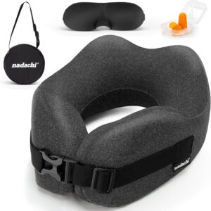 Neck Pillow Airplane Travel Set - Pure Memory Foam Travel Neck Pillow, Plane Pillow for Long Flights Essentials, Sleeping with 3D Contoured Eye Mask, Earplugs, Portable Bag (Darkgray-M)