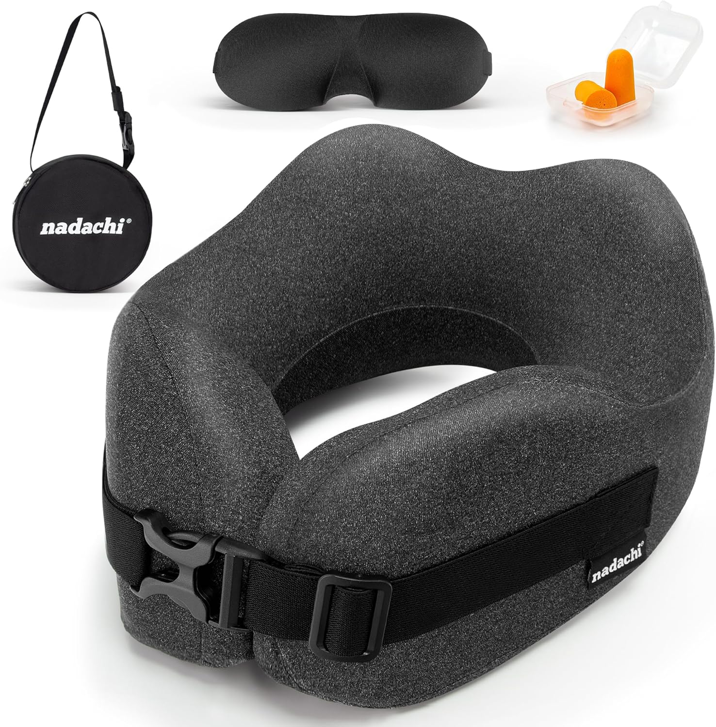 Neck Pillow Airplane Travel Set - Pure Memory Foam Travel Neck Pillow, Plane Pillow for Long Flights Essentials, Sleeping with 3D Contoured Eye Mask, Earplugs, Portable Bag (Darkgray-M)