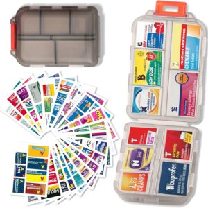 Pill Organizer with Medicine Labels Travel Daily Pill Container Mini Medication Organizer Storage Pill Organizer Travel Essentials Pill Case 7 Day (Grey & 161 Lables)